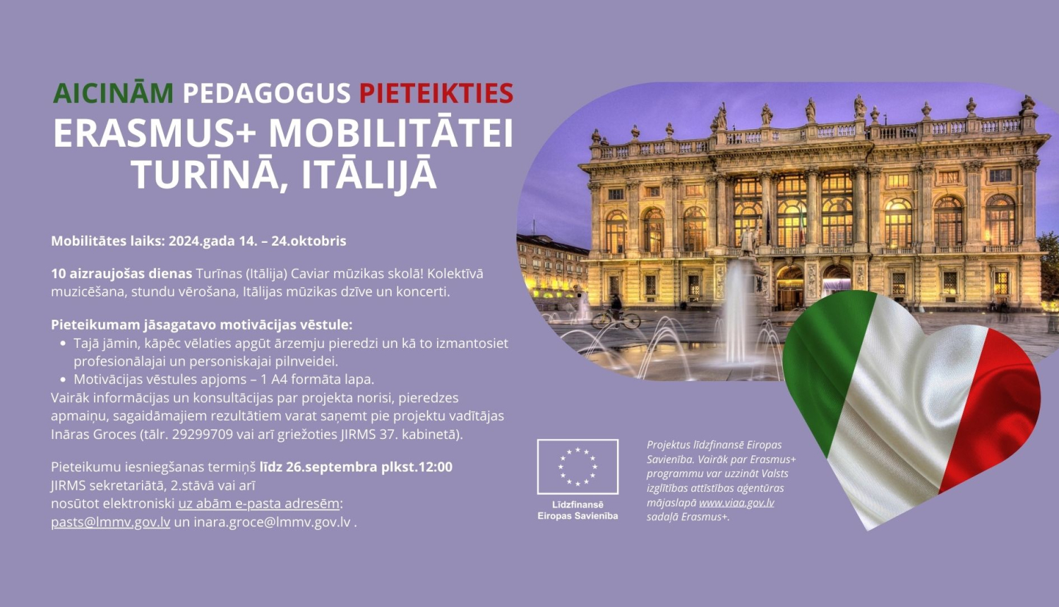 Pedagogu Erasmus aicinajums muzika IT oktobris 2024